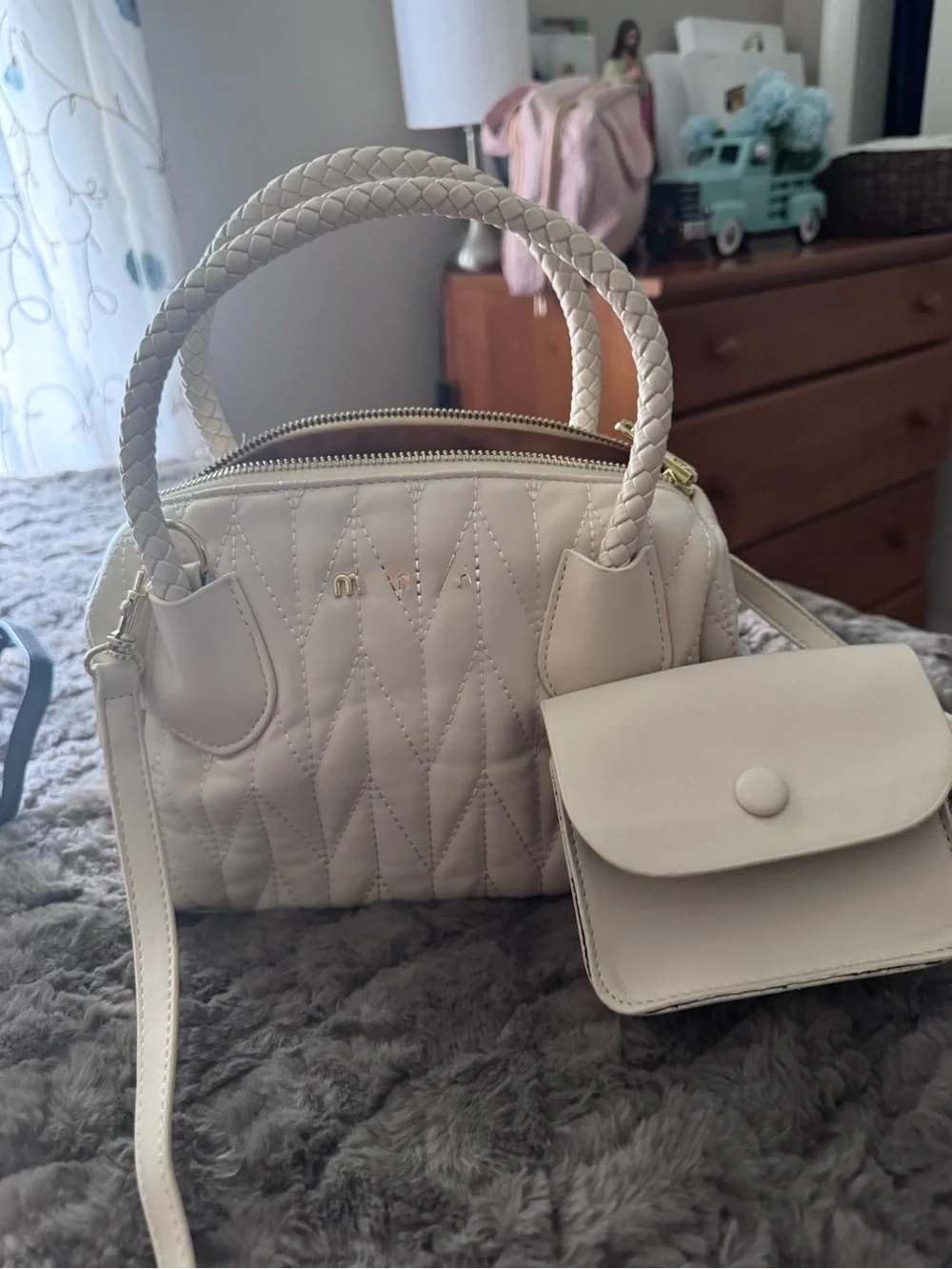 Quilted Cream Satchel with Braided Handles